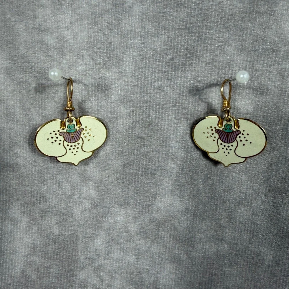 Vtg Laurel Burch Cloisonné Drop Earrings Set Purple Fan & Cream Orchid Gold Tone